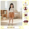 Set bé gái ngắn tay áo cổ tròn, quần chun họa tiết, vải mềm mại, 198.000₫