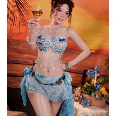 Set Bikini Đá Xanh Dương quyến rũ, dây chuyền sò + 2 kẹp hoa chip, 1,250,000 VND