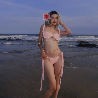 Set Bikini Đan Len Hồng Pastel Boho Pompom Dễ Thương - Giá Ưu Đãi 700k 6