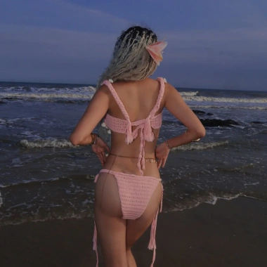 Set Bikini Đan Len Hồng Pastel Boho Pompom Dễ Thương - Giá Ưu Đãi 700k 8