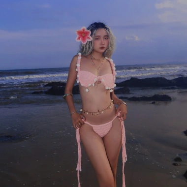 Set Bikini Đan Len Hồng Pastel Boho Pompom Dễ Thương - Giá Ưu Đãi 700k 9