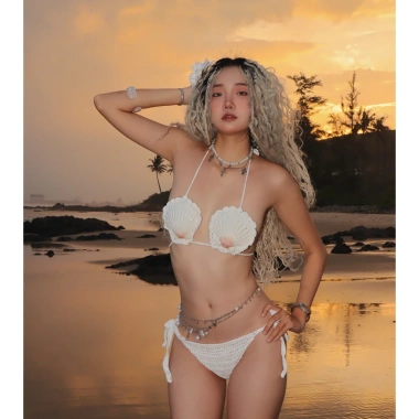 Set Bikini Đan Len Vỏ Sò Biển Bohemian Quyến Rũ - Tặng Dây Chuyền & 2 Kẹp Hoa 6