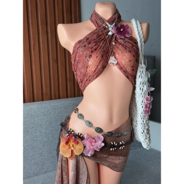 Set bikini khăn quấn cam san hô Freesize - 350k, tặng dây chuyền vỏ sò, chip, 2 kẹp hoa
