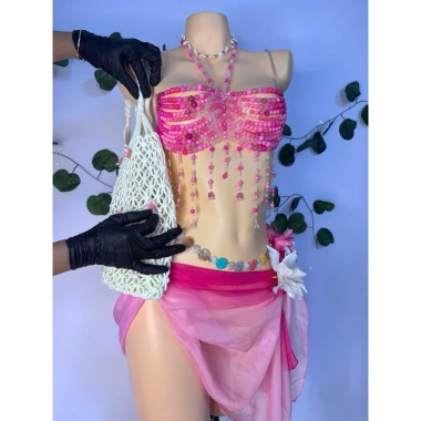 Set bikini nắng hồng, tặng dây chuyền vỏ sò và chip, 2 kẹp hoa - Giá chỉ 1,1 triệu
