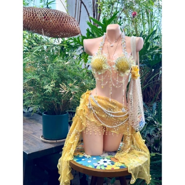 Set bikini Nắng Vàng Ánh Kim và dây chuyền vỏ sò, chip, 2 hoa - 1.29tr