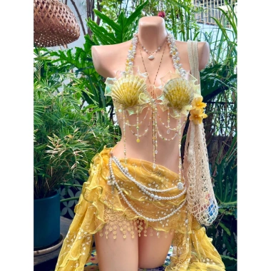 Set bikini Nắng Vàng Ánh Kim và dây chuyền vỏ sò, chip, 2 hoa - 1.29tr