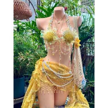 Set bikini Nắng Vàng Ánh Kim và dây chuyền vỏ sò, chip, 2 hoa - 1.29tr