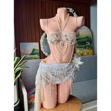 Set bikini ngọc trai luxury, tặng dây chuyền vỏ sò, chip, 2 kẹp hoa - 1,29tr