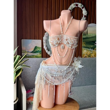 Set bikini ngọc trai luxury, tặng dây chuyền vỏ sò, chip, 2 kẹp hoa - 1,29tr