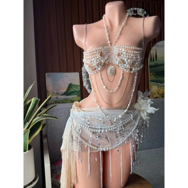 Set bikini ngọc trai luxury, tặng dây chuyền vỏ sò, chip, 2 kẹp hoa - 1,29tr