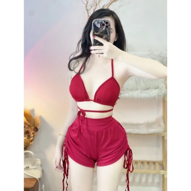 Set bikini quần đùi thun kín đáo, quần rút dây áo mút ngực - set tắm biển, chỉ 79.000₫ 9