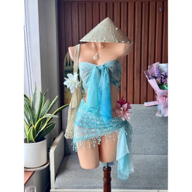 Set Bikini Xanh Sóng Biển + Khăn Quấn: Tặng Dây Chuyền Vỏ Sò, Chip & 2 Kẹp Hoa