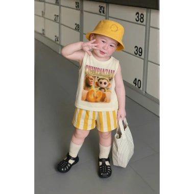 Set bộ ba lỗ bé trai Khỉ Chimpanzini Bananini Quần sọc vàng cotton mềm mịn giá 155.100₫ 2