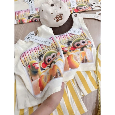 Set bộ ba lỗ bé trai Khỉ Chimpanzini Bananini Quần sọc vàng cotton mềm mịn giá 155.100₫ 4
