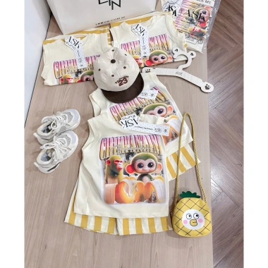 Set bộ ba lỗ bé trai Khỉ Chimpanzini Bananini Quần sọc vàng cotton mềm mịn giá 155.100₫ 5