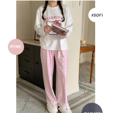 Sét bộ dài mùa đông LAMFASHION: Quần caro dáng suông phối ren, áo tay thun xượt - Giá 220.500₫ 4