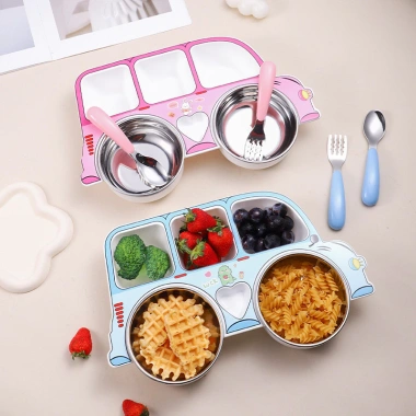 Set bộ đồ ăn trẻ em thép không gỉ 304, 5 mảnh lưới vui nhộn, siêu chống sốc – Giá ưu đãi 190.714₫
