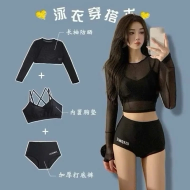 Set bộ đồ bơi 3 chi tiết bikini 2 dây áo lưới dài tay chống nắng gợi cảm cho đi biển NGOMINH BKN04