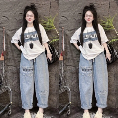 Set bộ jean nữ áo thun cotton + quần baggy jean - Thời trang 2.024, giá 205.000₫