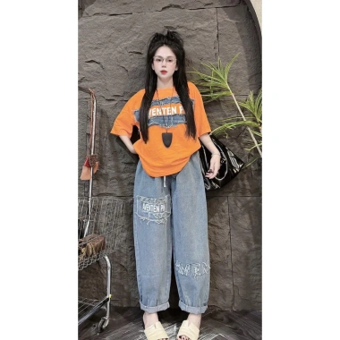 Set bộ jean nữ áo thun cotton + quần baggy jean - Thời trang 2.024, giá 205.000₫