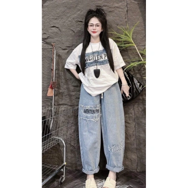 Set bộ jean nữ áo thun cotton + quần baggy jean - Thời trang 2.024, giá 205.000₫