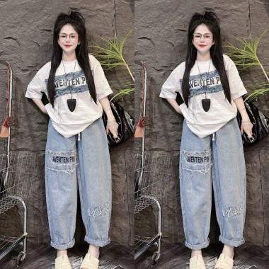Set bộ jean nữ áo thun cotton + quần baggy jean - Thời trang 2.024, giá 205.000₫