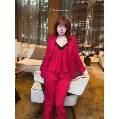 Set Bộ Ngủ 3 Món Lụa Vân Hoạ Tiết Hoa Hồng, Viền Ren Đen - Cao Cấp Xíu Sleepwear, Giá Ưu Đãi 595k
