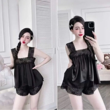 Set bộ ngủ lụa CARY áo 2 dây bản to + quần đùi ren sexy, mát mẻ mùa hè, giá 53.000đ