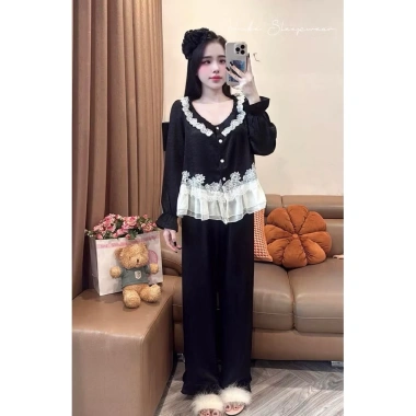 Sét bộ ngủ pijama lụa latin ren mềm mịn mát, freesize 40‑60kg, giảm giá 149k
