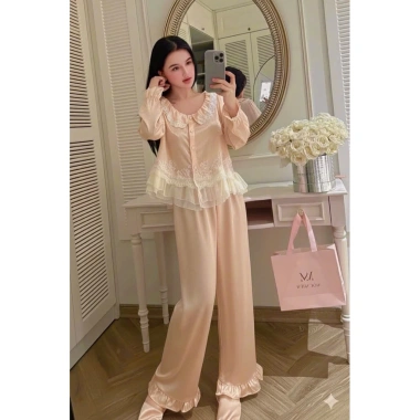 Sét bộ ngủ pijama lụa latin ren mềm mịn mát, freesize 40‑60kg, giảm giá 149k