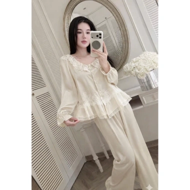 Sét bộ ngủ pijama lụa latin ren mềm mịn mát, freesize 40‑60kg, giảm giá 149k