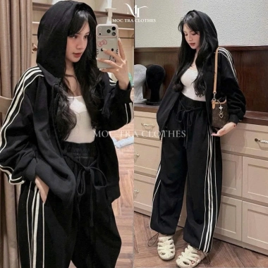 Set bộ nỉ nữ Loại 1 phối sọc, mũ thêu logo, áo sang chảnh mặc nhà Giá 415.000₫