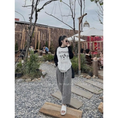 Sét bộ nữ LAM áo dài tay, quần dài caro baggy in Labubu, giá ưu đãi 227.500đ