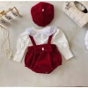 Set Body 3 Chi Tiết Nhung Đỏ Lấp Lánh, Áo Trắng Tay Bồng Tết Noel Bé Gái, Tặng Mũ, Thu Đông Dài Tay