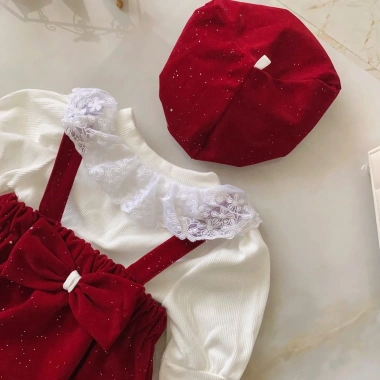 Set Body 3 Chi Tiết Nhung Đỏ Lấp Lánh, Áo Trắng Tay Bồng Tết Noel Bé Gái, Tặng Mũ, Thu Đông Dài Tay 3