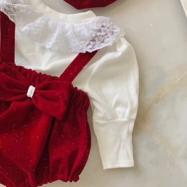 Set Body 3 Chi Tiết Nhung Đỏ Lấp Lánh, Áo Trắng Tay Bồng Tết Noel Bé Gái, Tặng Mũ, Thu Đông Dài Tay 4