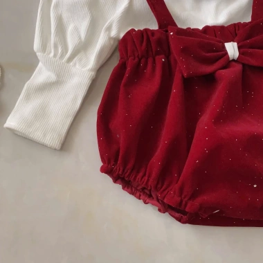 Set Body 3 Chi Tiết Nhung Đỏ Lấp Lánh, Áo Trắng Tay Bồng Tết Noel Bé Gái, Tặng Mũ, Thu Đông Dài Tay 5