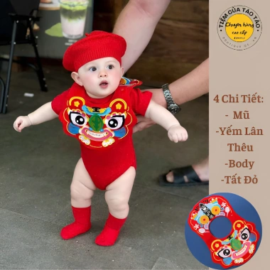 Set Body Tết bé 4-14kg kèm yếm Lân, mũ đỏ chóp và tặng tất, sẵn ship, giảm còn 175k 2