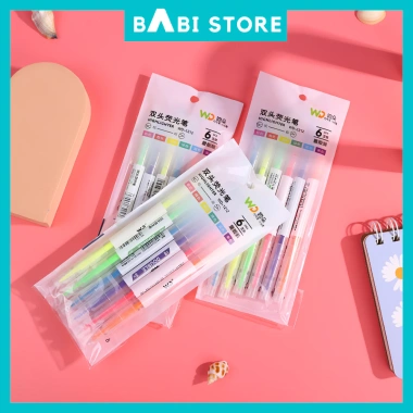 Set bút màu highlight hai đầu sáng tạo, bút nhớ cute tiện lợi, quà tặng văn phòng phẩm Babi Store 15k