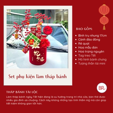 Set Cành Đào Đông Tháp Bánh Tết + Bình Trụ Đỏ Keo – Tài Lộc May Mắn, Cháp Tết