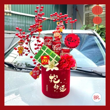 Set Cành Đào Đông Tháp Bánh Tết + Bình Trụ Đỏ Keo – Tài Lộc May Mắn, Cháp Tết