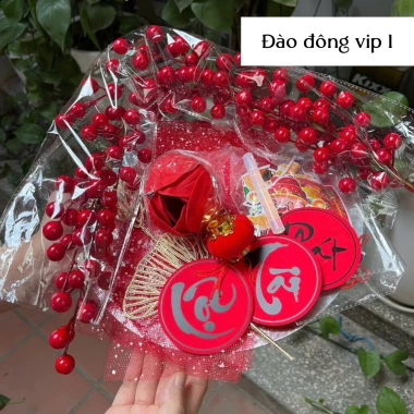 Set Cành Đào Đông Tháp Bánh Tết + Bình Trụ Đỏ Keo – Tài Lộc May Mắn, Cháp Tết