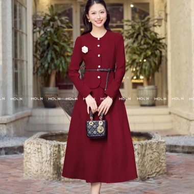 Set chân váy áo dài tay công sở MSB484 - Áo ngắn cúc khoen mix xòe nhung basic chéo