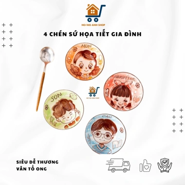 Set Chén Sứ Gia Đình Dễ Thương Vân Tổ Ong Tráng Men Cao Cấp - Bát Ăn Cơm Cho Dad Mom Son Daughter Giá 52.000đ