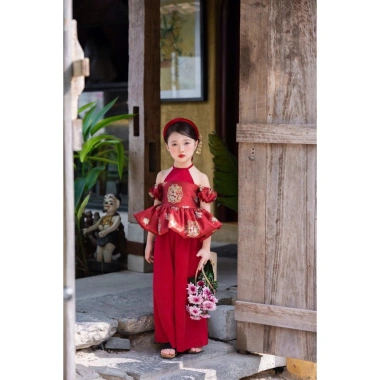 Sét cổ yếm bé gái cách tân tay trễ, vai quần lụa suông rộng - Đồ lễ tết du xuân, cân nặng 13-56kg, giảm giá 370k 3