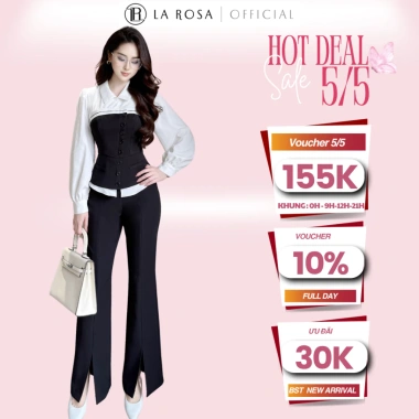 Set Công Sở La Rosa Áo Sơ Mi Dài Tay Trắng Phối Đen, Quần Ống Đứng Tôn Dáng, Giá 830k