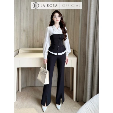 Set Công Sở La Rosa Áo Sơ Mi Dài Tay Trắng Phối Đen, Quần Ống Đứng Tôn Dáng, Giá 830k 3 Set Công Sở La Rosa Áo Sơ Mi Dài Tay Trắng Phối Đen, Quần Ống Đứng Tôn Dáng, Giá 830k 3
