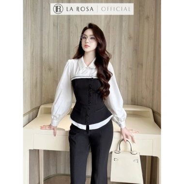Set Công Sở La Rosa Áo Sơ Mi Dài Tay Trắng Phối Đen, Quần Ống Đứng Tôn Dáng, Giá 830k