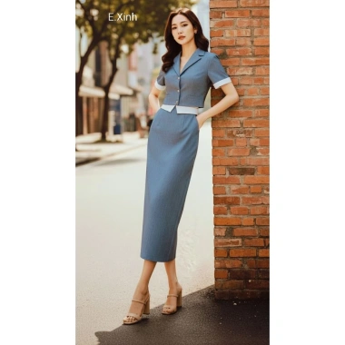 Sét công sở nữ: Áo tay ngắn cổ vest + chân váy bút chì xẻ sau - Giá ưu đãi 819k 8