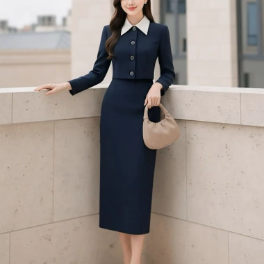 Set công sở nữ cao cấp áo tay dài phối cổ trắng và chân váy dài ôm thanh lịch - Giá ưu đãi 379k